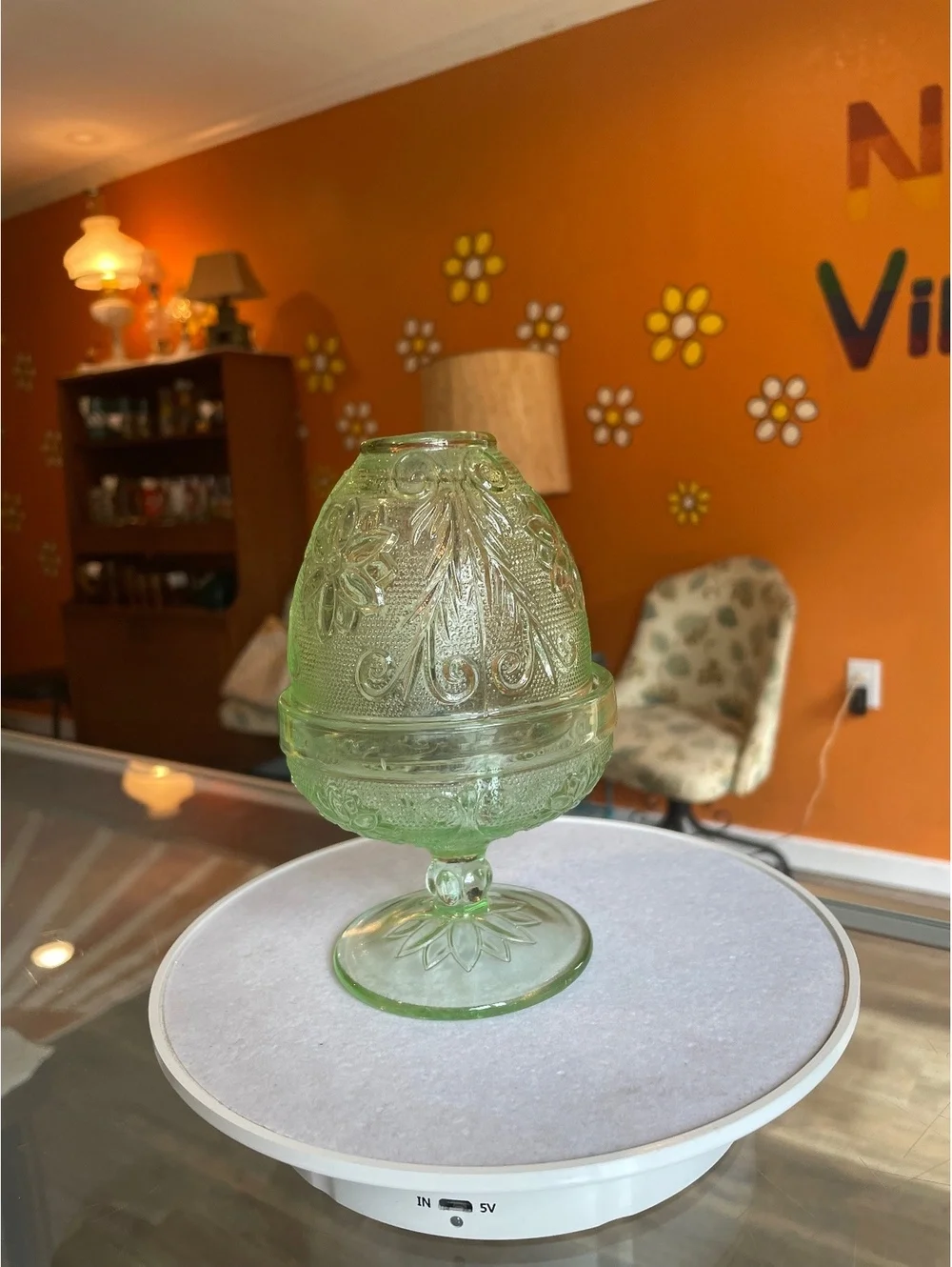 Indiana Glass Vintage Tiara Chantilly Green Fairy Lamp Candle Holder